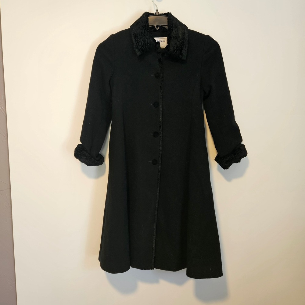 Vintage Florence Eiseman Girls Dress Coat Black Wool Sz 7 Faux Fur Trim Holiday